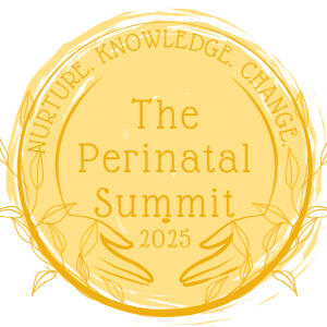 A yellow circle, with arms embracing it. A title of The Perinatal Summit, and the theme of this year Nurture Knowledge and Change around teh edges.